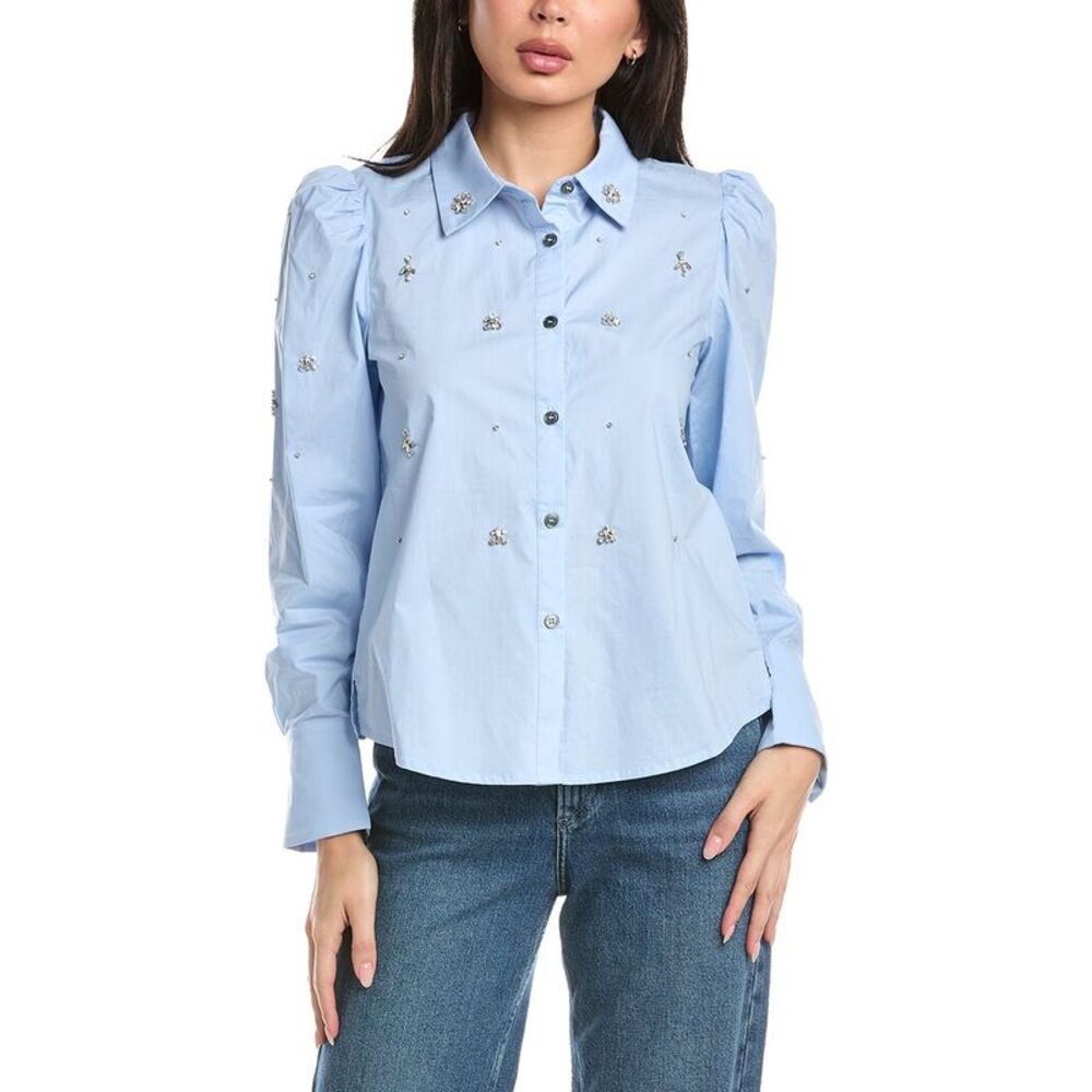 Stellah Womens Helene Jewel Trim Button Down Shirt, Blue